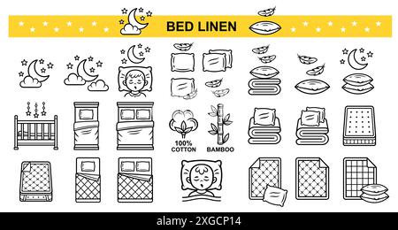 Bed linen, bedding sheet textile, blanket duvet, feather pillow, bedroom furniture line icon set. Bedclothes, baby cradle, mattress for sleep. Vector Stock Vector