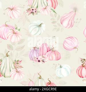 Seamless pattern of pumpkins and fall leaves. Watercolor illustration on white background. The drawing is hand drawn. Suitable for cards, invitations Stock Photo