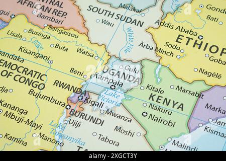 Close up to a Uganda political map with country frontiers and most importants cities Stock Photo