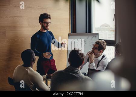 Caucasian team building male coach answering questions that multiethnic audience ask during business seminar Stock Photo