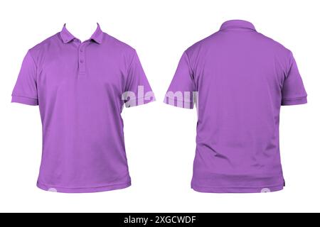 Blank clothing for design. Purple polo shirt, clothing on isolated white background, front and back view, isolated white, plain t-shirt. Mockup. Print Stock Photo