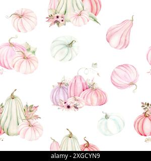 Pumpkins, flowers and leaves seamless pattern. Watercolor illustration on white background. The drawing is hand drawn. Suitable for cards, invitations Stock Photo