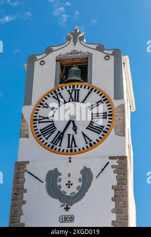 Clock Tower of the Main Church of Saint Mary of the Castle, Tavira, Algarve, Portugal, Iberian Peninsula, South Western Europe Stock Photo