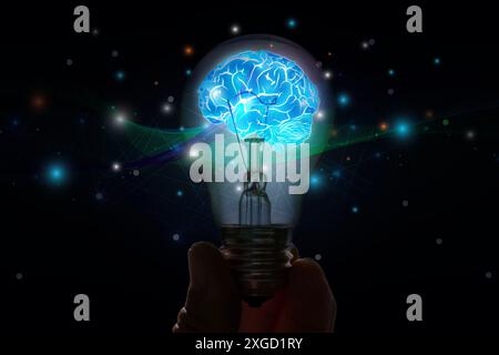 Businessman holding Light bulbs with Brain inside and Low poly wireframe outside. Creative and innovation inspiration. Business Bright idea concept. Stock Photo