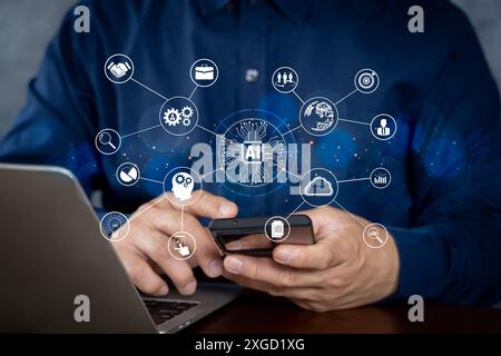 Businessman using chatbot in computer smart intelligence Ai.Chat GPT Chat with AI Artificial Intelligence, developed by OpenAI generate. Futuristic te Stock Photo