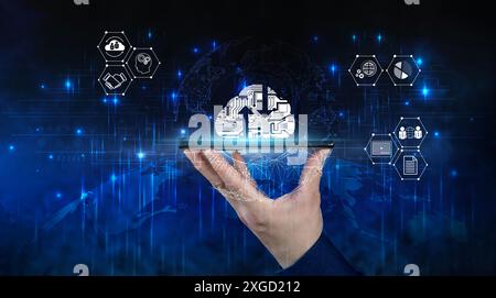 Cloud computing concept, a person's hand uses a smartphone connected to the cloud for data transfer. Mass storage simulation that is virtual in docume Stock Photo