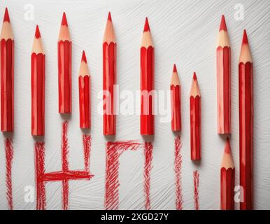 Red colored pencils arranged by height with scribbles on a textured white surface, creating an artistic pattern. Stock Photo