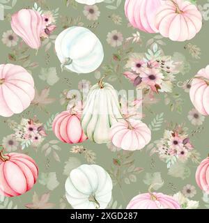 Pumpkins, flowers and leaves seamless pattern. Watercolor illustration on olive background. The drawing is hand drawn. Suitable for cards, invitations Stock Photo