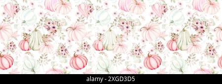 Pumpkins, flowers, berries and leaves seamless pattern. Watercolor illustration on a white background. The drawing is hand drawn. Suitable for cards, Stock Photo