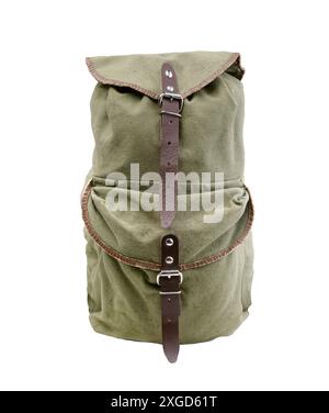 Small old military canvas backpack isolated on white. Stock Photo