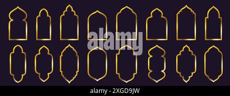 Simple golden Arabic frames. Islamic architecture window, oriental door and arch shapes inspired shiny decorative line borders, gold frame with shadow Stock Vector
