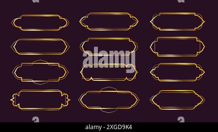Arabic deco frames. Golden label border with Islamic window and oriental arches shapes. Luxurious gold line frame for UI button or horizontal art deco Stock Vector