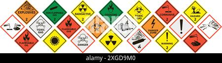 Hazard warning signs. Danger caution and safety symbols for explosives, flammable and toxic gas, corrosive and radioactive materials. Dangerous Stock Vector