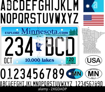 Minnesota car license plate, letters, numbers and symbols, vector illustration, USA, United States Stock Vector