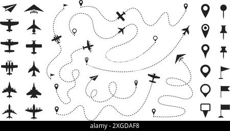Dashed line plane route. Airplane trajectories path, flight roadmap trace lines with dash stroke, jet start and destination pin points. Aircraft Stock Vector