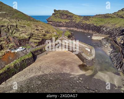 An aerial view of the narrow harbour and surrounding cliffs at Boscastle, on the Atlantic coast of north Cornwall, England, United Kingdom, Europe Stock Photo