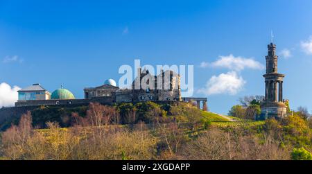 Calton Hill, National Monument, City Observatory, Dugald Stewart Monument, Edinburgh, Scotland, United Kingdom, Europe Stock Photo