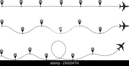 Timeline plane route. Flight paths with dashed line and airplane icons, roadmap infographic and travel path routes with location pin markers vector Stock Vector