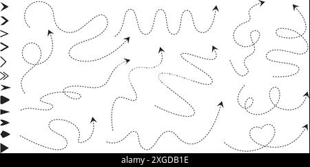 Dash line arrows. Route paths with arrow icons, roadmap direction pointer and navigation lines. Dashed routes with different arrowhead styles vector Stock Vector