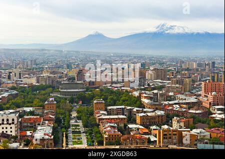 Overview from Cascade stairway with Mount Ararat in the background, Yerevan, Armenia, Eurasia Stock Photo