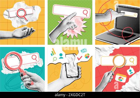 Mixed media online search. Internet search bar with magnifying glass icon, SEO optimization and research pop art with halftone hand vector set Stock Vector