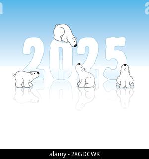 Four Cute Polar Bears and Frozen New Year 2025 Ice Sculpture with Reflections on an Ice Blue Background Stock Vector