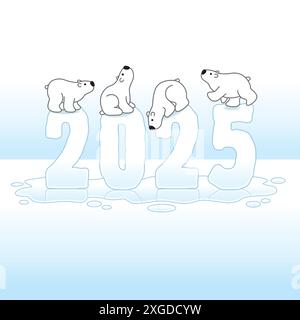 Four Cute Polar Bears Balancing on Top of Frozen New Year 2025 Ice Sculpture with reflections in Cold Melting Puddle Stock Vector