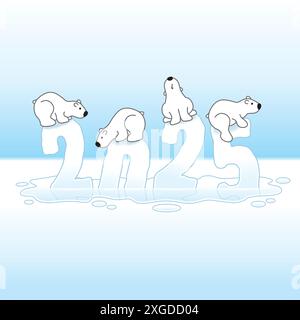 Four Cute Polar Bears Balancing on Melting New Year 2025 Ice Sculpture with reflections sinking in an Ice Cold Puddle Stock Vector