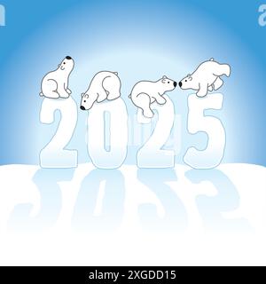 Four Cute Polar Bears Balancing on Frozen New Year 2025 Ice Sculpure on Snow with Ice Blue Background Stock Vector