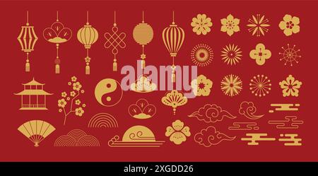 Chinese traditional ornaments. Asian lanterns, cherry blossoms, yin yang symbol, lotus flowers, pagoda and clouds, oriental lantern and fan. New Year Stock Vector