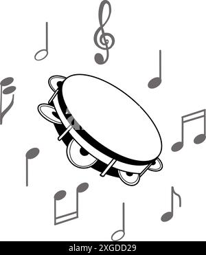 Musical instrument - tambourine, notes. Vector illustration. All objects are hand-drawn in black in vector. Suitable for printing on invitations. Stock Vector