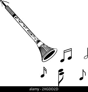 Musical folk instrument. Russian folk instrument - zhaleika, pipe, hand-drawn in vector on a white background. Suitable for printing on fabric, poster Stock Vector