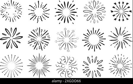 Doodle fireworks. Decorative sunburst rays, hand drawn radial sparkles celebration firework bursts. Water splash explosion, confetti and round spray Stock Vector