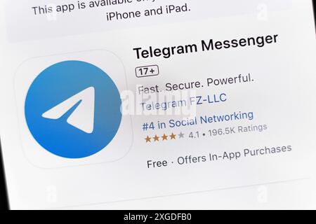 Paraguay. 6th July, 2024. In this photo illustration, the Telegram Messenger app is seen on the Apple Store download page on the smartphone screen. (Credit Image: © Jaque Silva/SOPA Images via ZUMA Press Wire) EDITORIAL USAGE ONLY! Not for Commercial USAGE! Stock Photo