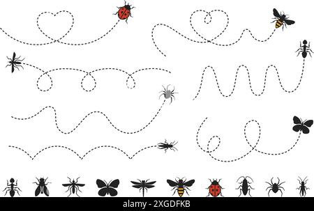 Dashed line insect route. Bee, mosquito and butterfly flight paths. Ladybug, tiny ant, spider and cockroach trails. Dragonfly, grasshopper and fly Stock Vector