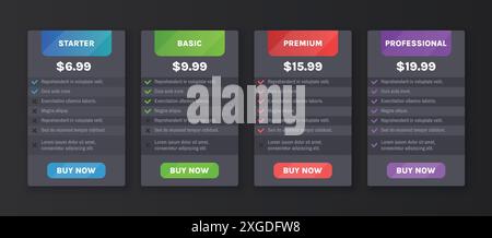 Price comparison layout. Tariff tier, pricing table with options for Starter, Basic, Premium and Professional subscription plans. Dark mode vector Stock Vector