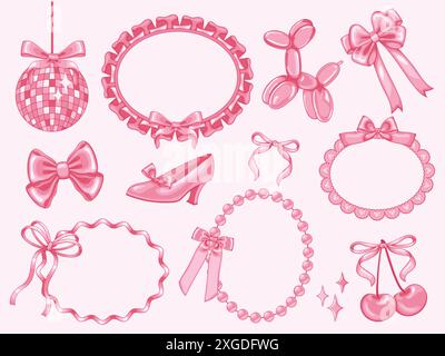Coquette decorative elements. Girly bows on Y2k ruffled ribbon frame, pump shoe, disco ball and pink cherry. Girl party accessories vintage vector Stock Vector