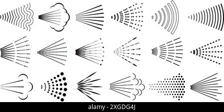 Spray symbols. Aerosol sprayed line, steam nozzle flow cloud, shower streams and spraying water, perfume or deodorant icons. Mist, jet and burst spray Stock Vector