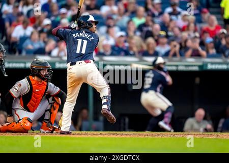 Cleveland, Oh, USA. 5th July, 2024. Cleveland Guardians third base José RamÃ-rez (11) bats agains the visiting San Francisco Giants at Progressive Field in Cleveland, OH. San Francisco goes on to win 4-2. (Credit Image: © Walter G. Arce Sr./ASP via ZUMA Press Wire) EDITORIAL USAGE ONLY! Not for Commercial USAGE! Stock Photo