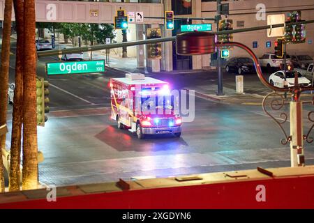 Las Vegas, Nevada, United States of America - June 10, 2024: Las Vegas Fire & Rescue Paramedics emergency vehicle equipped for emergency operations in the USA. Ambulance with blue lights on the way to an emergency *** Einsatzfahrzeug der Las Vegas Fire & Rescue Paramedics, ausgestattet für Notfalleinsätze in den USA. Rettungswagen mit Blaulicht unterwegs zu einem Notfall Stock Photo