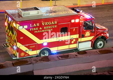 Las Vegas, Nevada, United States of America - June 10, 2024: Las Vegas Fire & Rescue Paramedics emergency vehicle equipped for emergency operations in the USA. Ambulance with blue lights on the way to an emergency *** Einsatzfahrzeug der Las Vegas Fire & Rescue Paramedics, ausgestattet für Notfalleinsätze in den USA. Rettungswagen mit Blaulicht unterwegs zu einem Notfall Stock Photo