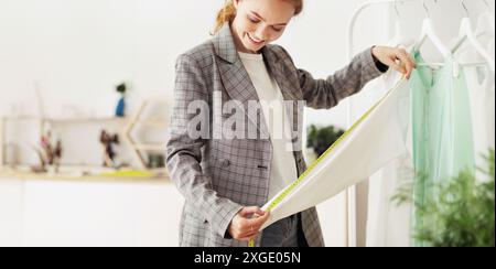 Personal design. Dressmaker measuring sleeve length in atelier Stock Photo