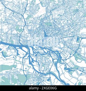 Map of Hamburg in Germany in blue style. Contains layered vector with roads water, parks, etc. Stock Vector