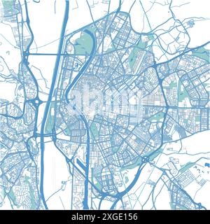 Map of Sevilla in Spain in blue style. Contains layered vector with roads water, parks, etc. Stock Vector