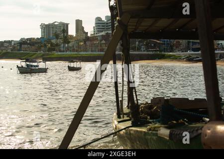 Salvador; Bahia; Brazil - April 18; 2019: Fishing boats parked on the Rio Vermelho beach in the city of Salvador, Bahia. Stock Photo