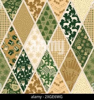Retro Seamless pattern with Christmas trees, snowflakes and deer. Patchwork style rhombus Stock Vector