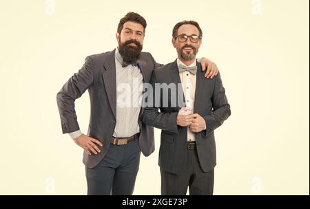 PR manager. partnership of boss men isolated on white. mature men have own business. bearded businessmen in formal suit. business meeting. team Stock Photo