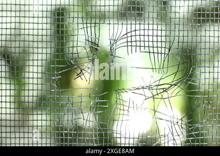 Torn window screen against blurred background, closeup Stock Photo