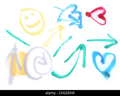 Different symbols drawn by bright spray paints isolated on white, top view Stock Photo