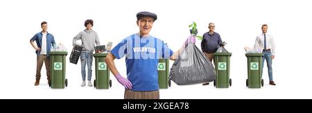 Volunteer holding trash bags in front of recycling bins isolated on white background Stock Photo